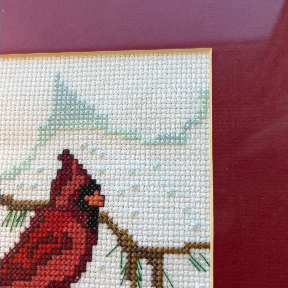 Framed Cardinal Bird Winter Evergreen‎ Cross-Stitch Art 8.5x11”